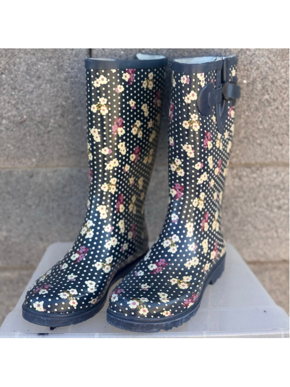 Metona Black Floral Polka Dot Rain Women's Boots Size 7